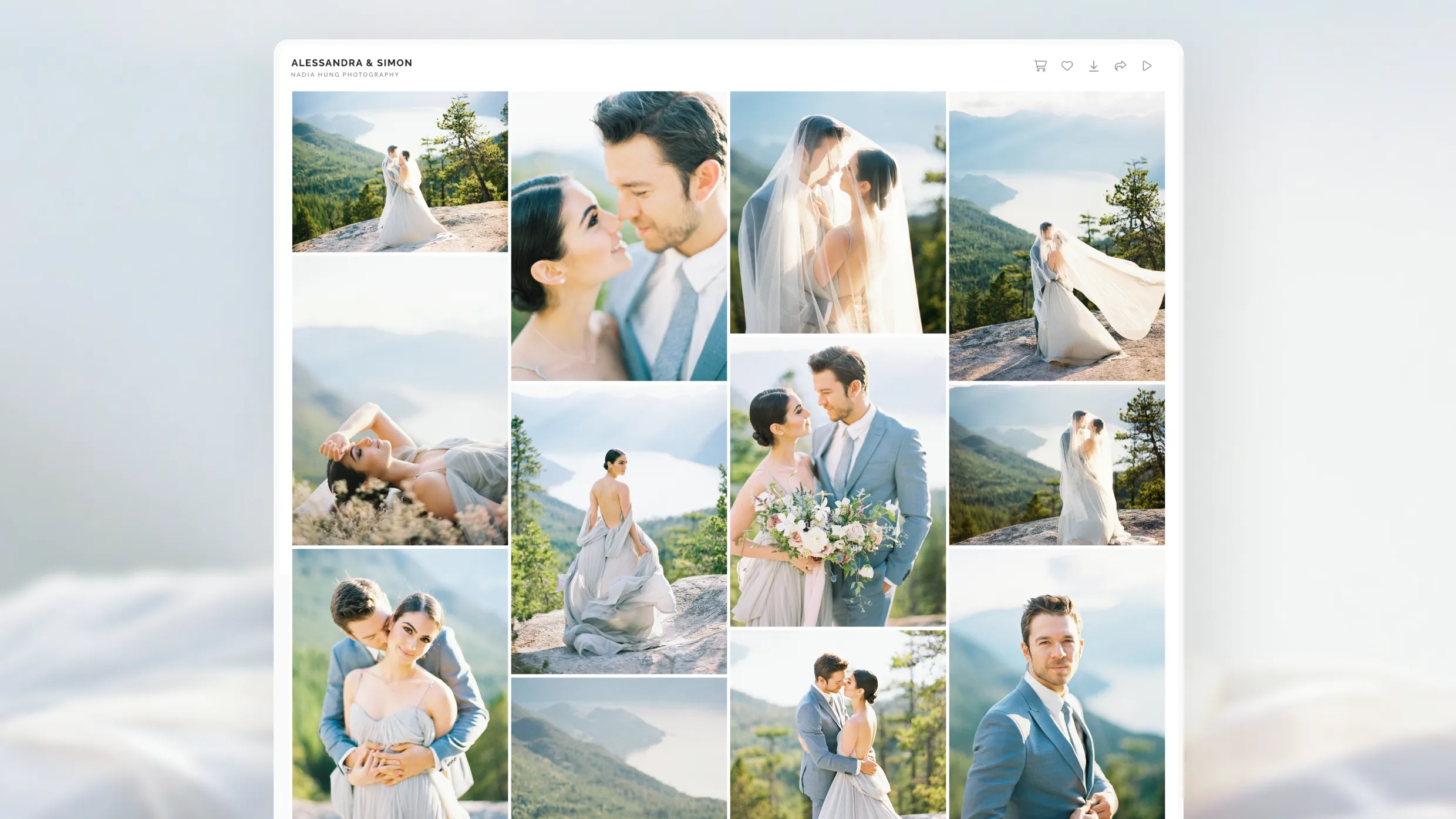 Pixieset Client Gallery showing a romantic mountain wedding photo collection for Alessandra and Simon, delivering stunning high-res images for clients to view, share, and purchase online
